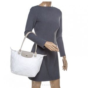 Longchamp White/Light Gold Logo Printed Coated Canvas Le Pliage Tote